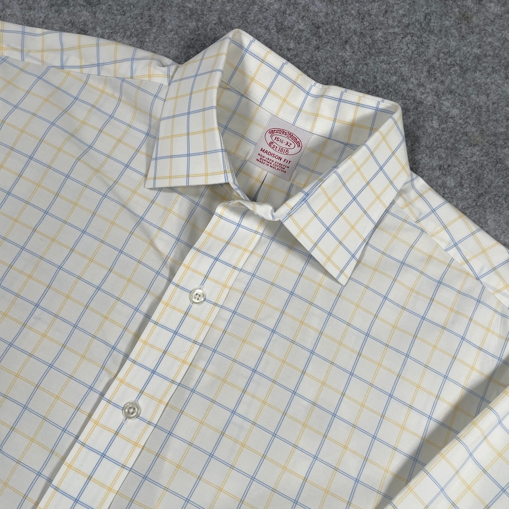Brooks Brothers Mens Dress Shirt 15.5 32 White Madison Non-Iron Plaid Stretch
